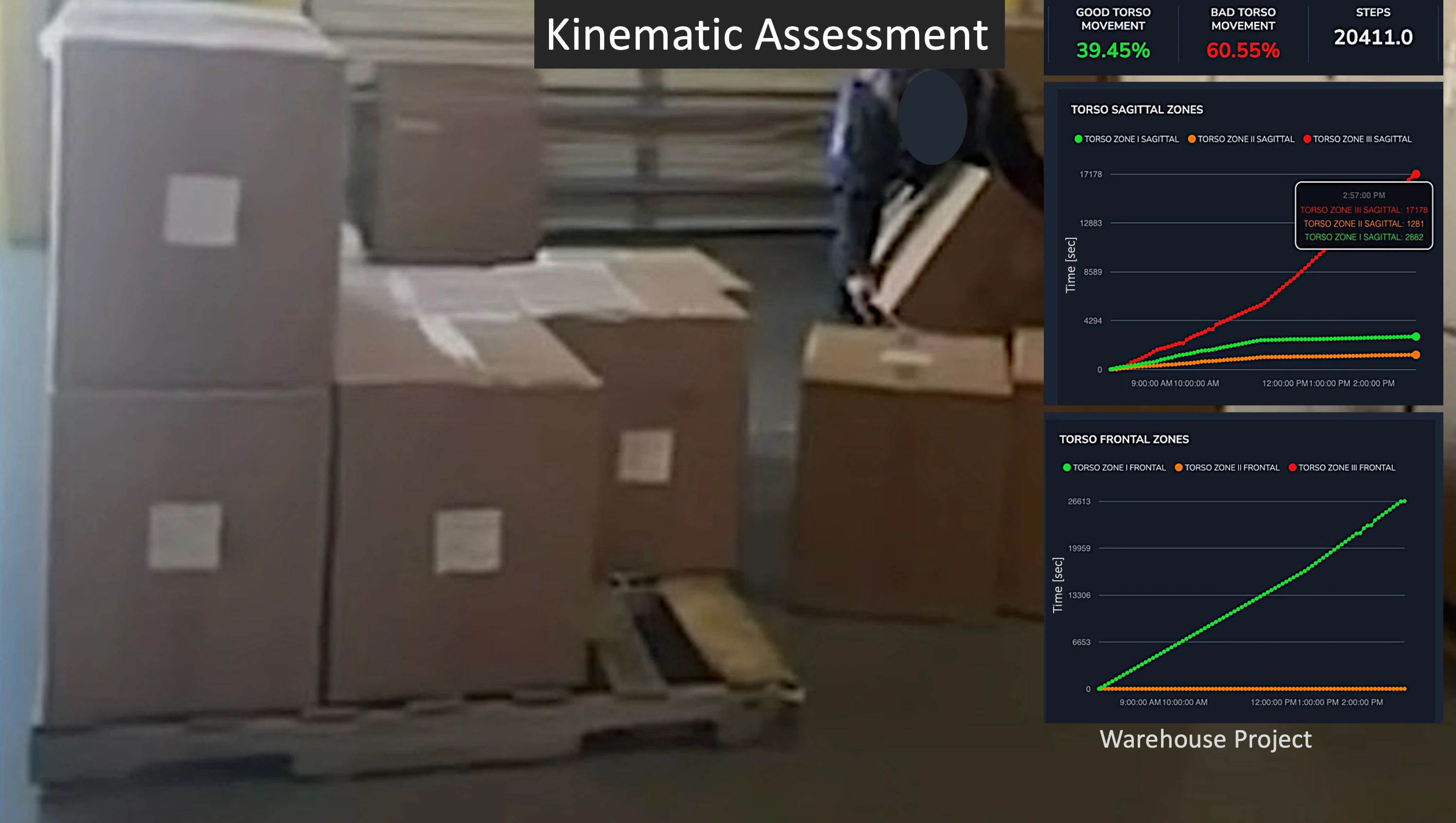 Deidentified warehouse kinematic assessment with torso-movement zones and activity-specific trend charts