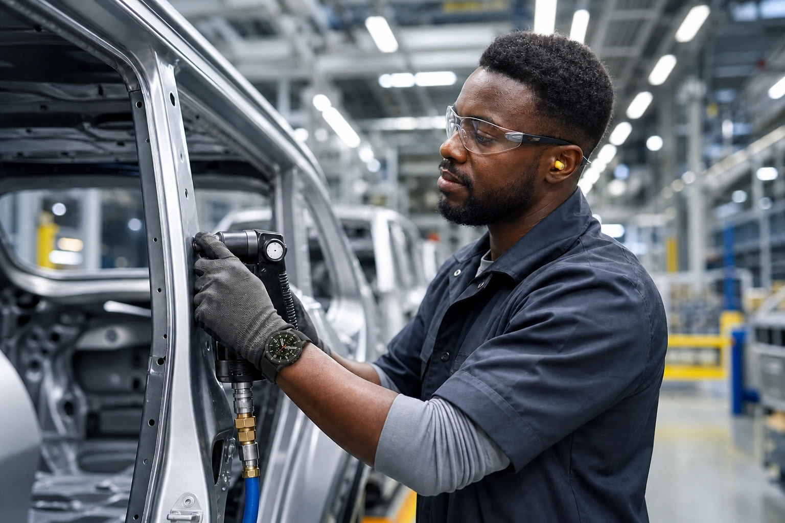 Industrial worker using a pneumatic tool while wearing a Samsung Galaxy Watch