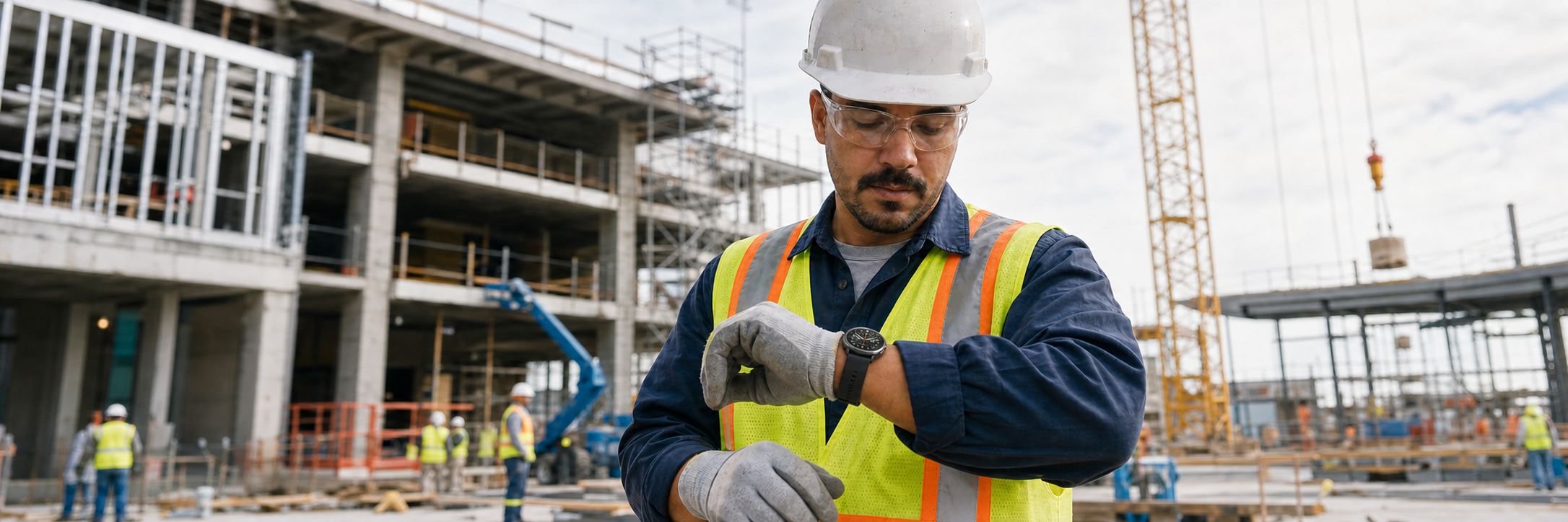 Construction worker checking a Samsung Galaxy Watch on an active jobsite